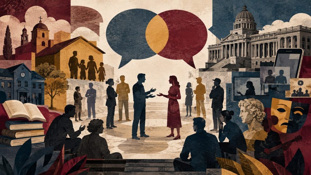 Ilustración editorial de ciudadanos dialogando entre símbolos de educación, familia, religión, medios, cultura e instituciones públicas