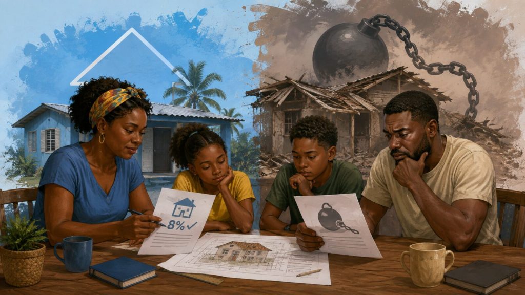 Ilustración editorial de una familia analizando un crédito para reconstruir su vivienda después de una emergencia.